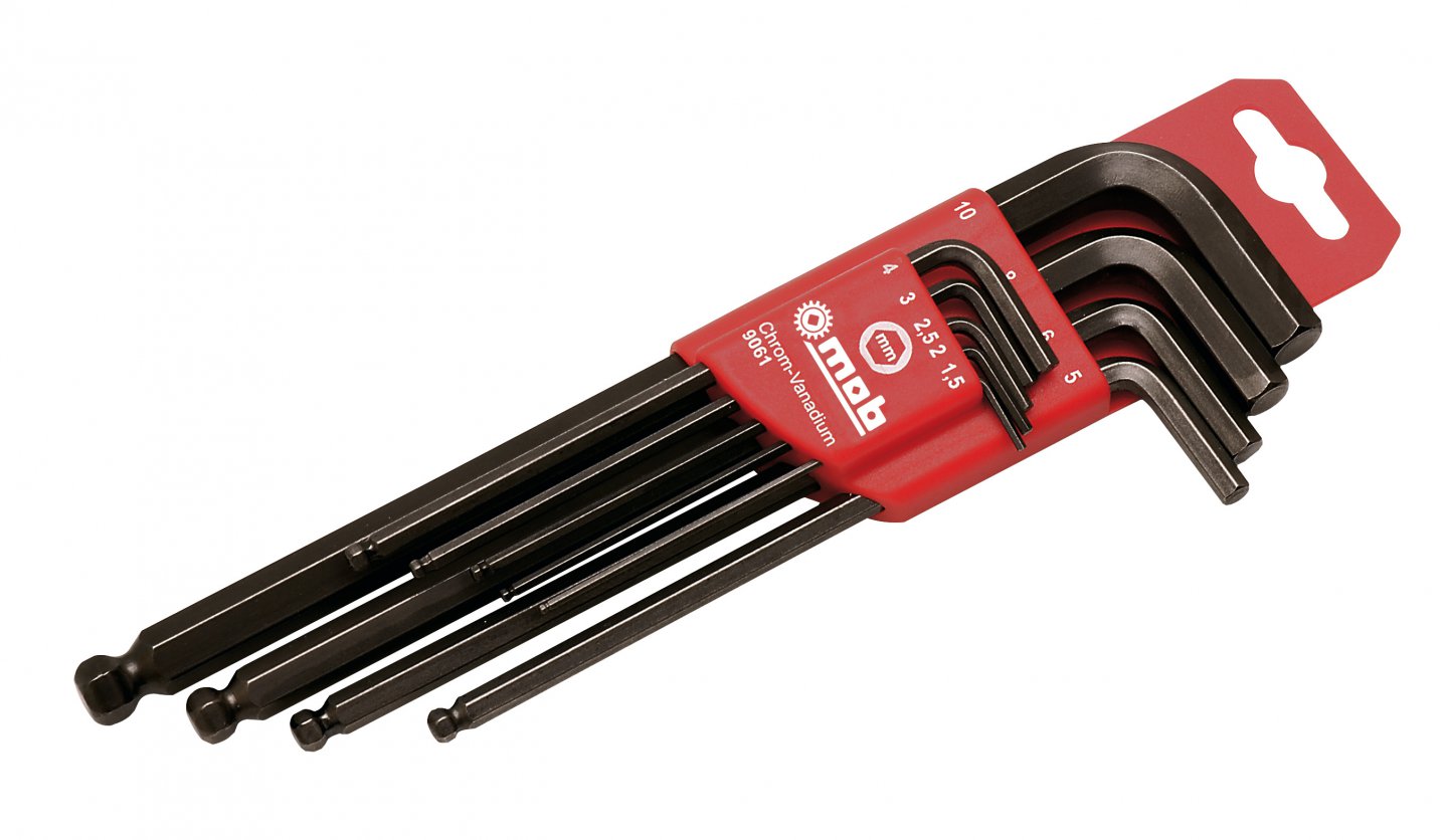 Ball end hex key set, long, 9 pieces