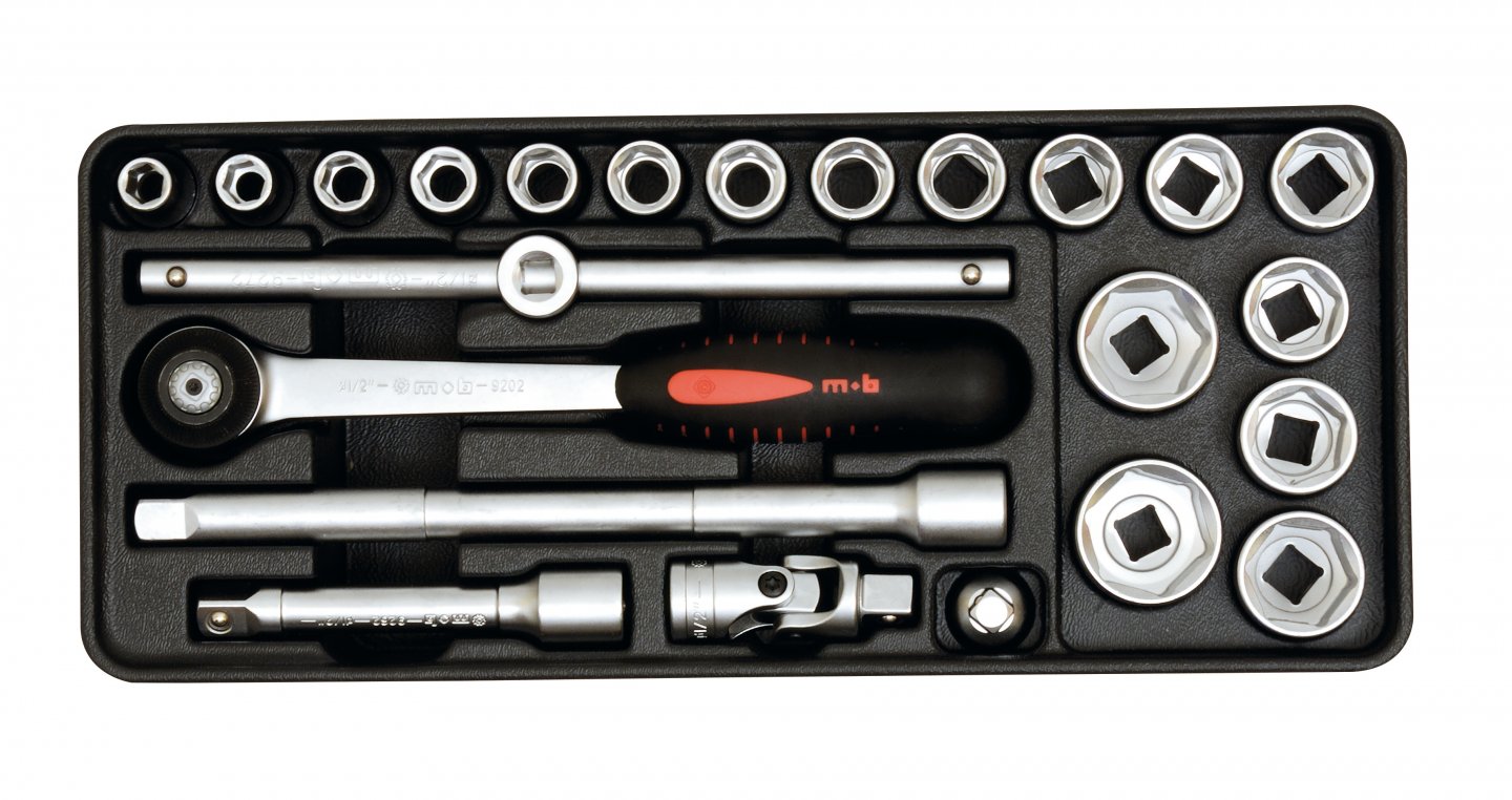 Unit with sockets and ratchet, 1/2'', 23 pieces